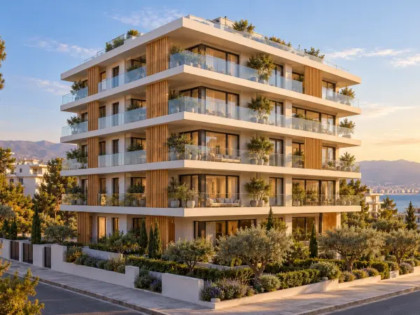 Payitaht Körfez Evleri: yapının köşe görünümü, kesintisiz balkon bantları ve ahşap gölgelikler