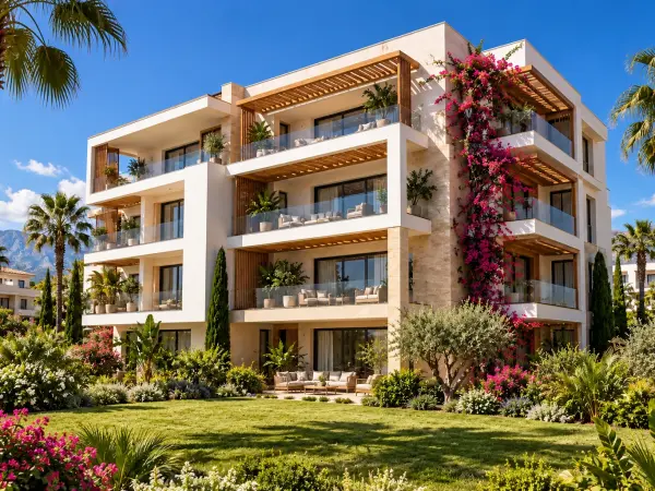 Payitaht Pergola: yapının bahçe cephesi, pergolalı balkonlar ve palmiyeler